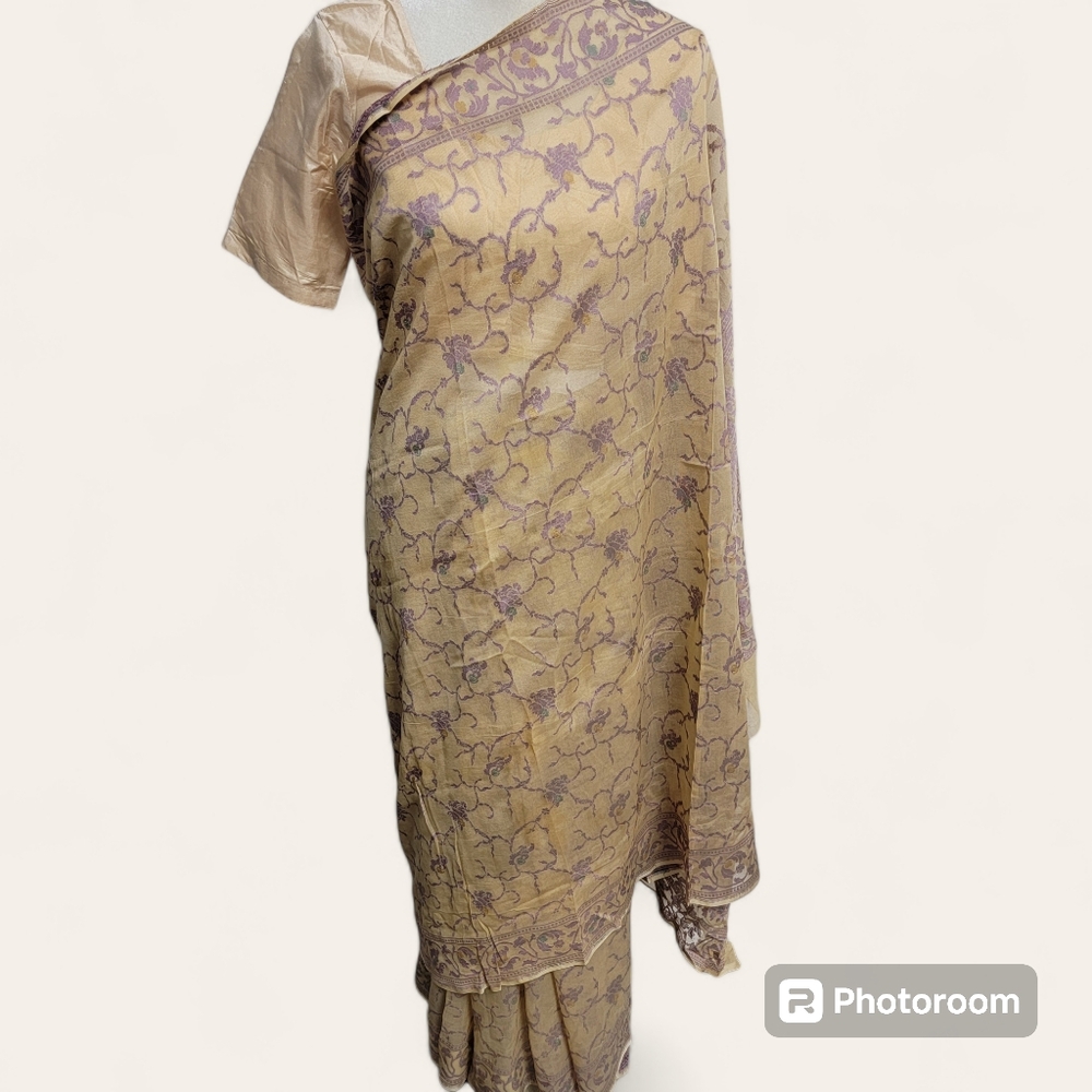 Beige and purple net saree/sari for party or wedding wear